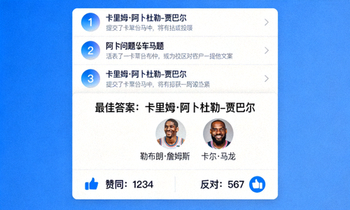 体育问答平台界面示意图 - 显示问题列表、答案与用户投票