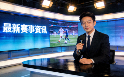 体育新闻演播室内部 - 主持人正在播报最新赛事资讯，背景为大型屏幕