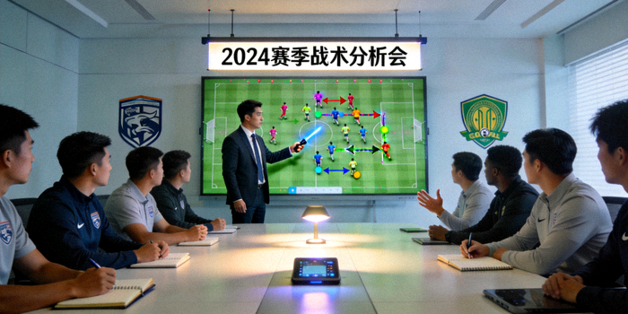 体育战术分析会议场景 - 分析师在大型战术板上讲解球队布阵